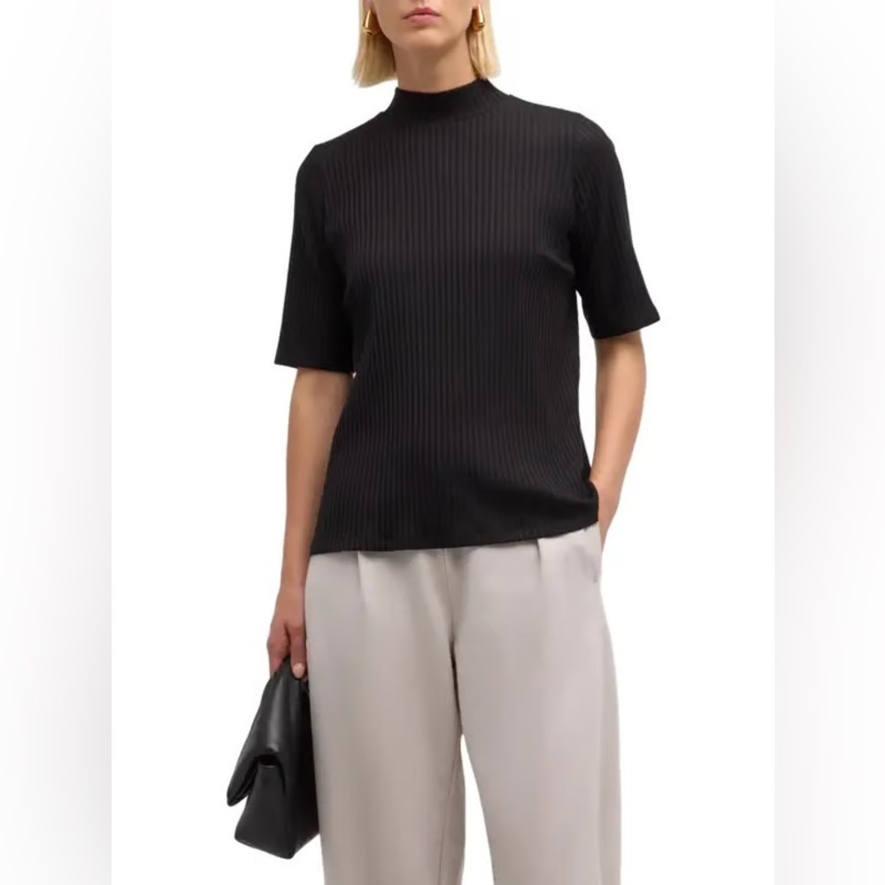 Eileen Fisher Black Textured Stretch Rib Mock Neck Top, Size M